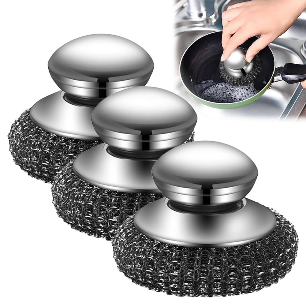 2025 New Stainless Steel Wool Scrubber with Handle, Heavy Duty Scrubber Detachable Metal Steel Scrubber Wool Pads for Cleaning Dishes, Cast Iron Pots, Stoves, Kitchen Sink (3 Pcs)