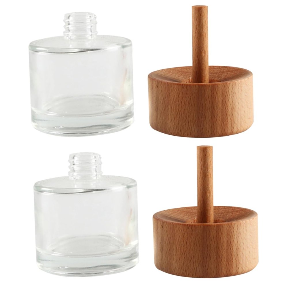 ABOOFAN 2pcs Reed Diffuser Bottles Empty Glass, 50ml Essential Oil Diffuser Bottle with Wooden Cap, Decorative Mini Vase for Desktop Room Decor