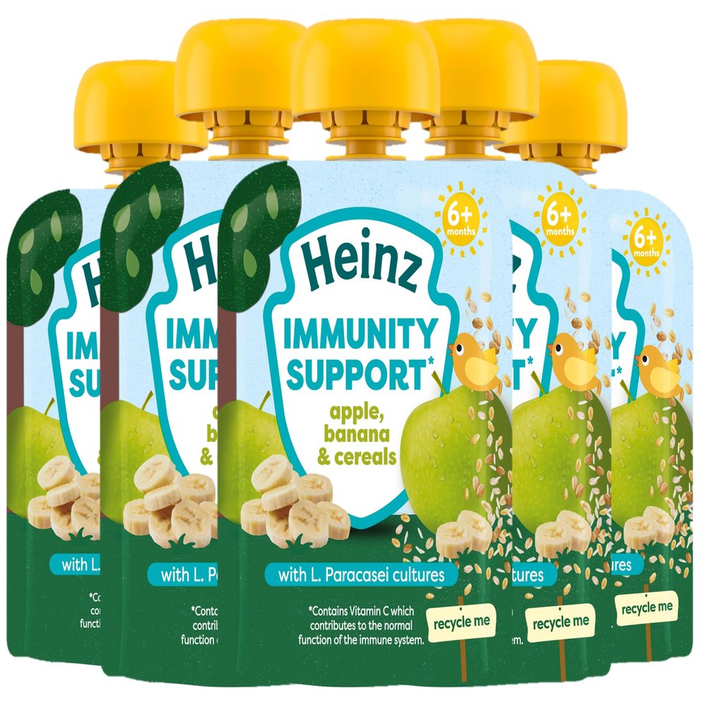 Heinz Baby Food Apple, Banana & Cereals Immunity Support Fruit Pouch 6 x 85g