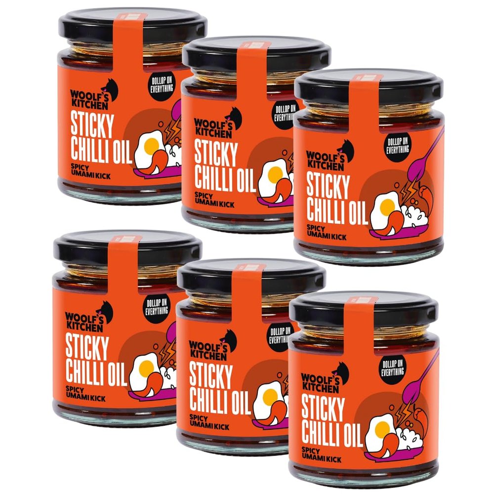 The Woolfs Kitchen | Sticky Chilli Oil | Crispy Chilli Oil Extravaganza | Spice-Up with Sticky Texture | Essential for Rice, Noodles & Burgers | Elevate Asian Dishes | Umami Hot Sauce | 6 x 190ml
