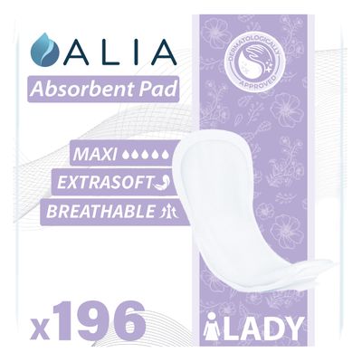 196 x ALIA Lady Incontinence Pads Maxi Absorbent Pads | for Ladies of All Ages | Discrete, Soft Dermatologically Tested and Odour Free | 7 Packs of 28