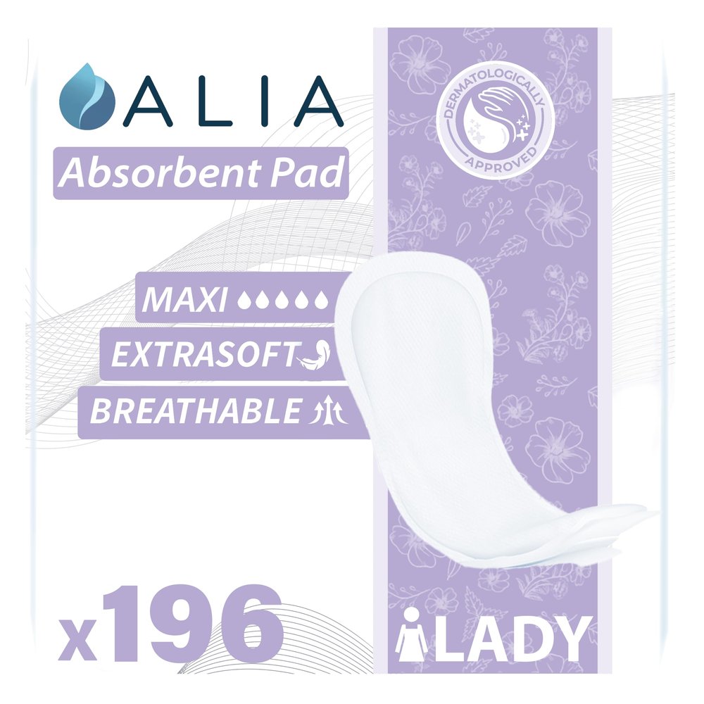 196 x ALIA Lady Incontinence Pads Maxi Absorbent Pads | for Ladies of All Ages | Discrete, Soft Dermatologically Tested and Odour Free | 7 Packs of 28