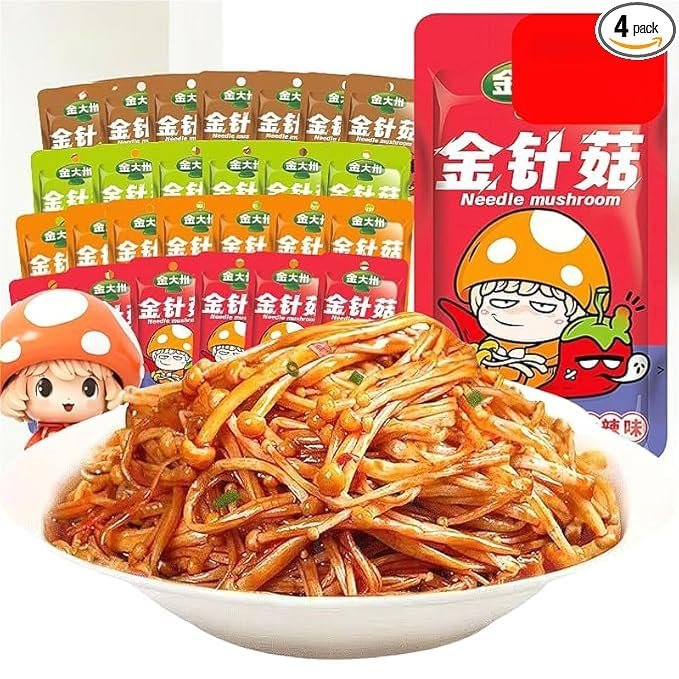 Enoki mushroom,Spicy barbecued enoki mushrooms,side dishes,instant food,pickles,Mala latiao,spicy snack food,vegan,delicious Chinese snack gift package (4 mixed flavors,30 packs)