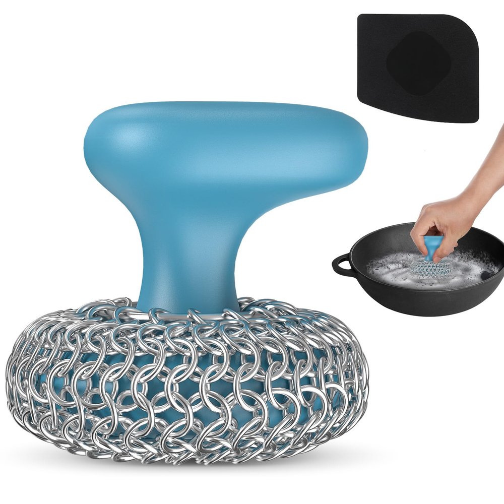 Purgreat Cast Iron Scrubber | Dish Scrub Brush | 316 Cast Iron Cleaner Chainmail Scrubber for Cast Iron Pan Skillet Cleaner - Blue