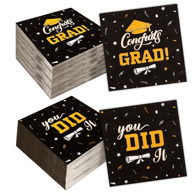 100 PCS Graduation Party Disposable Napkins, 6.5x6.5 Inch Paper Napkins, Congrats Grad Napkins 2 Ply, Star Dinner Hand Napkin for College High School Graduation Party Supplies Black