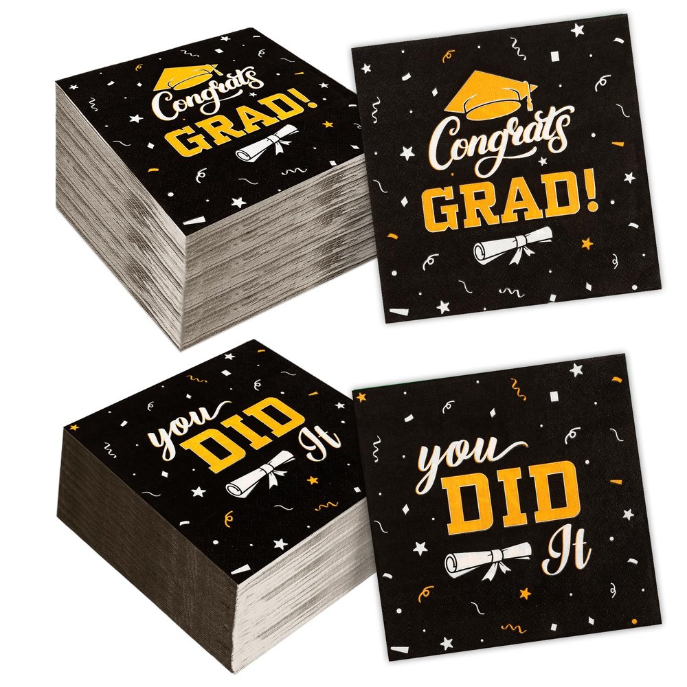 100 PCS Graduation Party Disposable Napkins, 6.5x6.5 Inch Paper Napkins, Congrats Grad Napkins 2 Ply, Star Dinner Hand Napkin for College High School Graduation Party Supplies Black