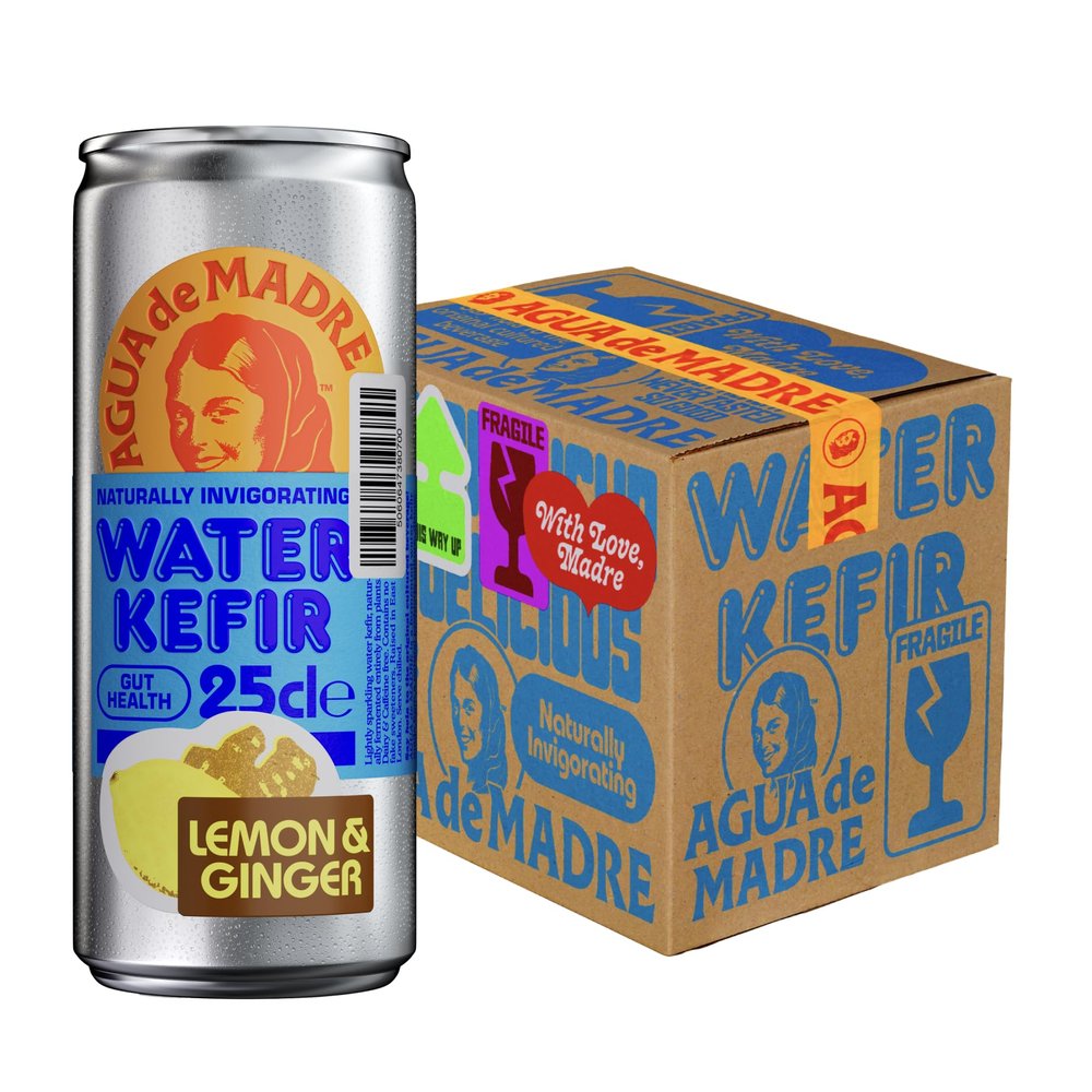 Agua de Madre Water Kefir (Lemon & Ginger) with Live Cultures, Gut Health Drink, Low Calorie, Vegan, No Artificial Sweeteners, 24 x 250ml Cans