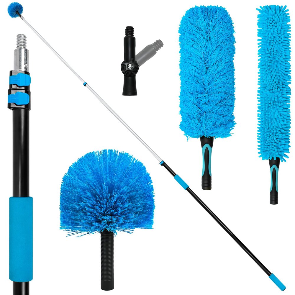 20 FT High-Reach Duster Kit with 5-12FT Extendable Pole, High Ceiling & Fan Duster Cleaning Combo with Telescopic Pole, Cobweb Brush, Ceiling Fan Duster, Feather Duster for Indoor & Outdoor Cleaning