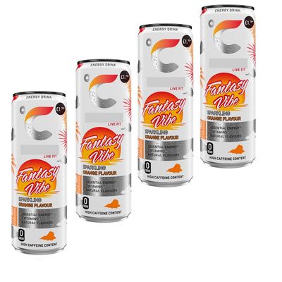 Sunset Vibe,Cosmic Vibe,Peach Vibe,Fantasy Vibe Fruit Flavoured Sugar Free Energy Drink Cans 355ml - 7 Vitamins Included Drink Cans (4 x Cans, Fit Fantasy Vibe Orange Flavour 355ml)