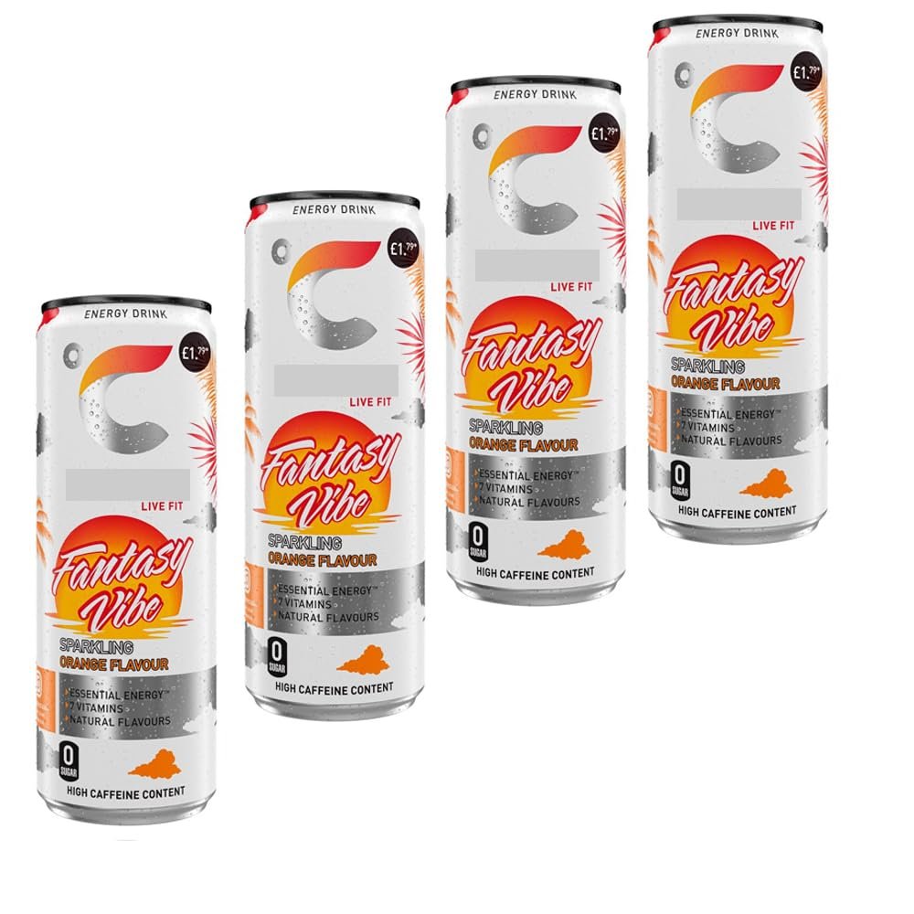 Sunset Vibe,Cosmic Vibe,Peach Vibe,Fantasy Vibe Fruit Flavoured Sugar Free Energy Drink Cans 355ml - 7 Vitamins Included Drink Cans (4 x Cans, Fit Fantasy Vibe Orange Flavour 355ml)