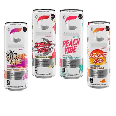 4 x Mixed Sunset Vibe,Cosmic Vibe,Peach Vibe,Fantasy Vibe Fruit Flavoured Sugar Free Energy Drink Cans 355ml - Essential Energy,7 Vitamins Drink Cans