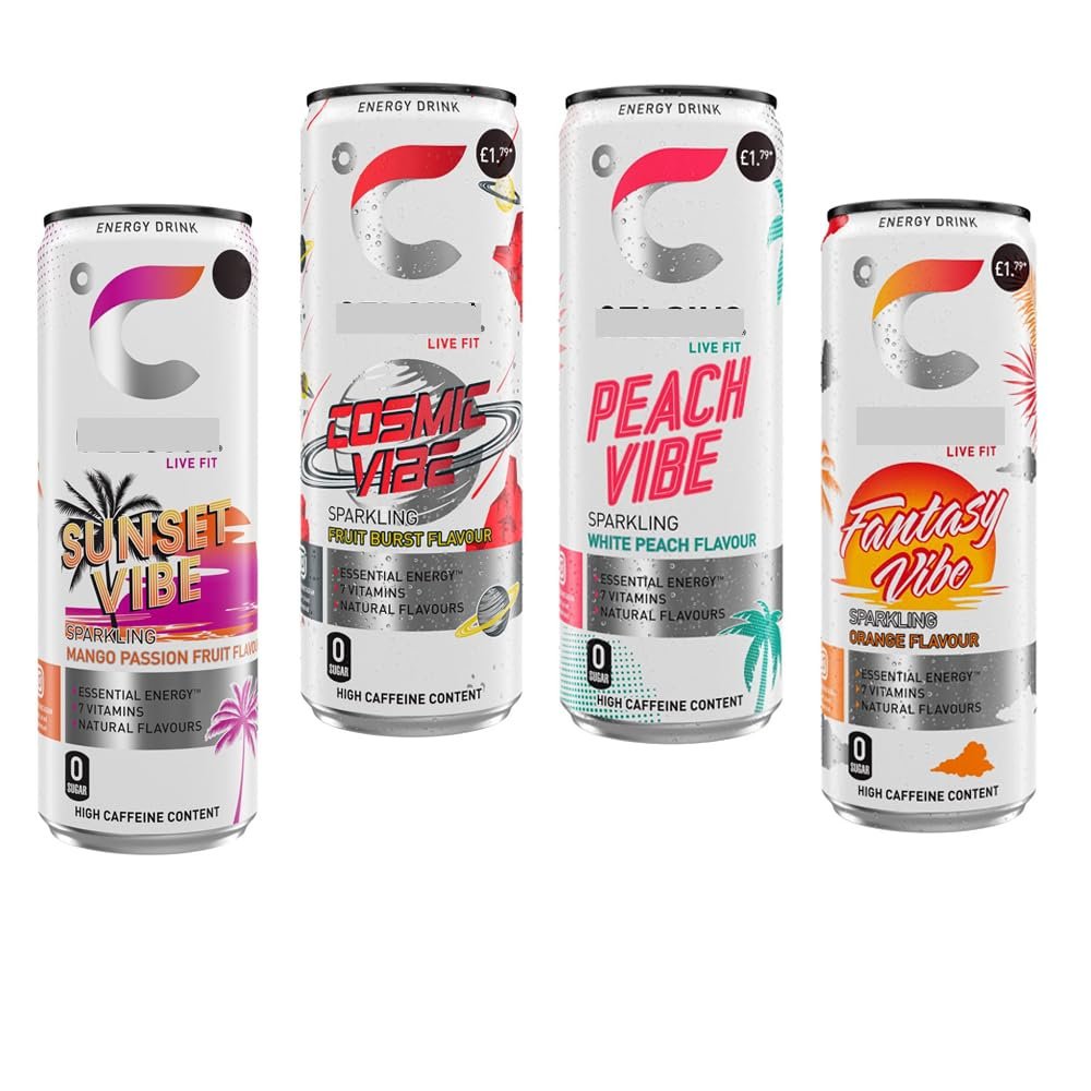 4 x Mixed Sunset Vibe,Cosmic Vibe,Peach Vibe,Fantasy Vibe Fruit Flavoured Sugar Free Energy Drink Cans 355ml - Essential Energy,7 Vitamins Drink Cans
