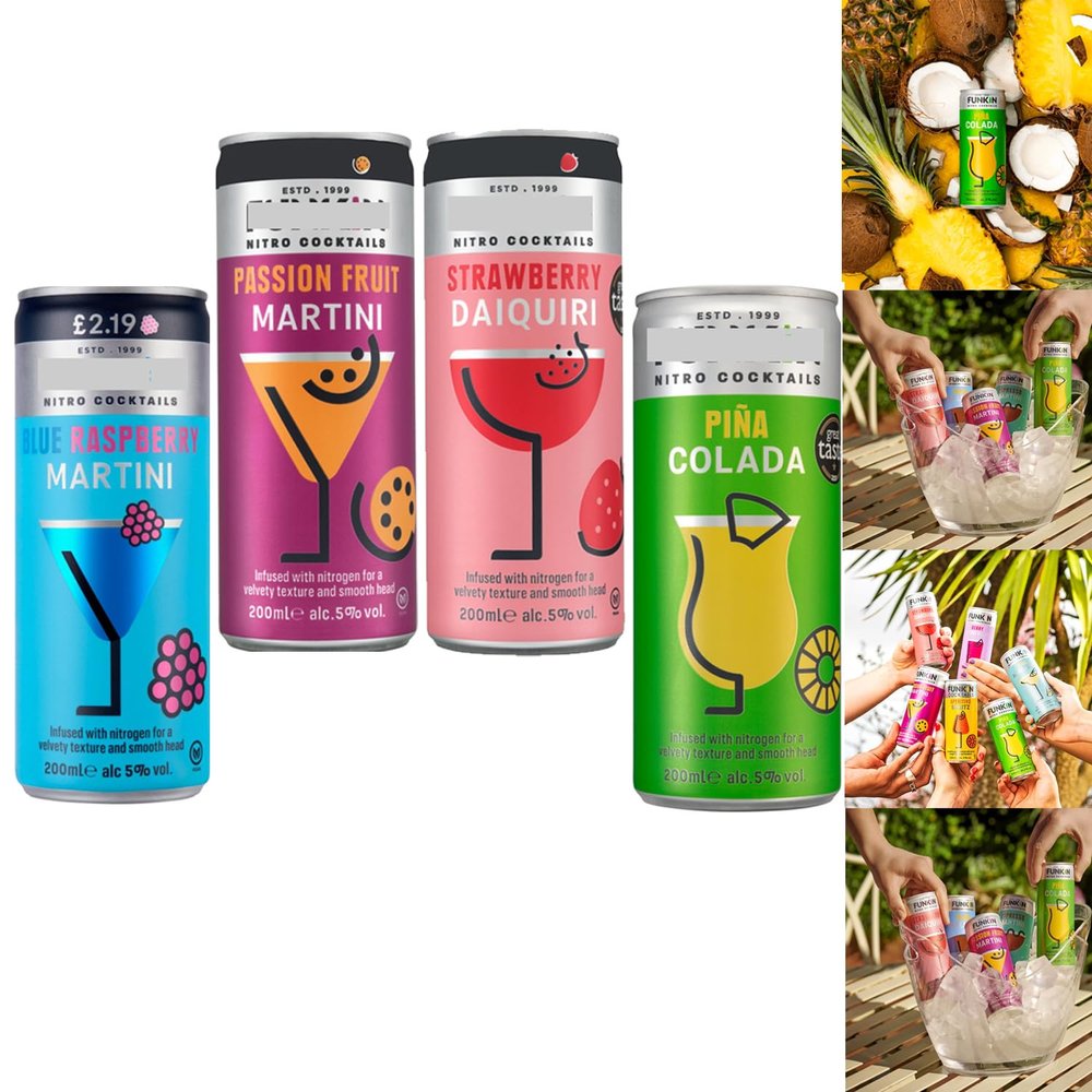 4 x Mixed Pia Colada,Strawberry Daiquiri,Passion Fruit Martini,Blue Raspberry Martini Drink Cans 200ml - Velvety Texture and Smooth head Drinks