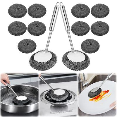 12pcs Steel Wire Scrubber with handle kit: stainless steel wire scrubber, dish brush with handle, metal dish scrubber for cleaning bowls, pots, pans, sinks