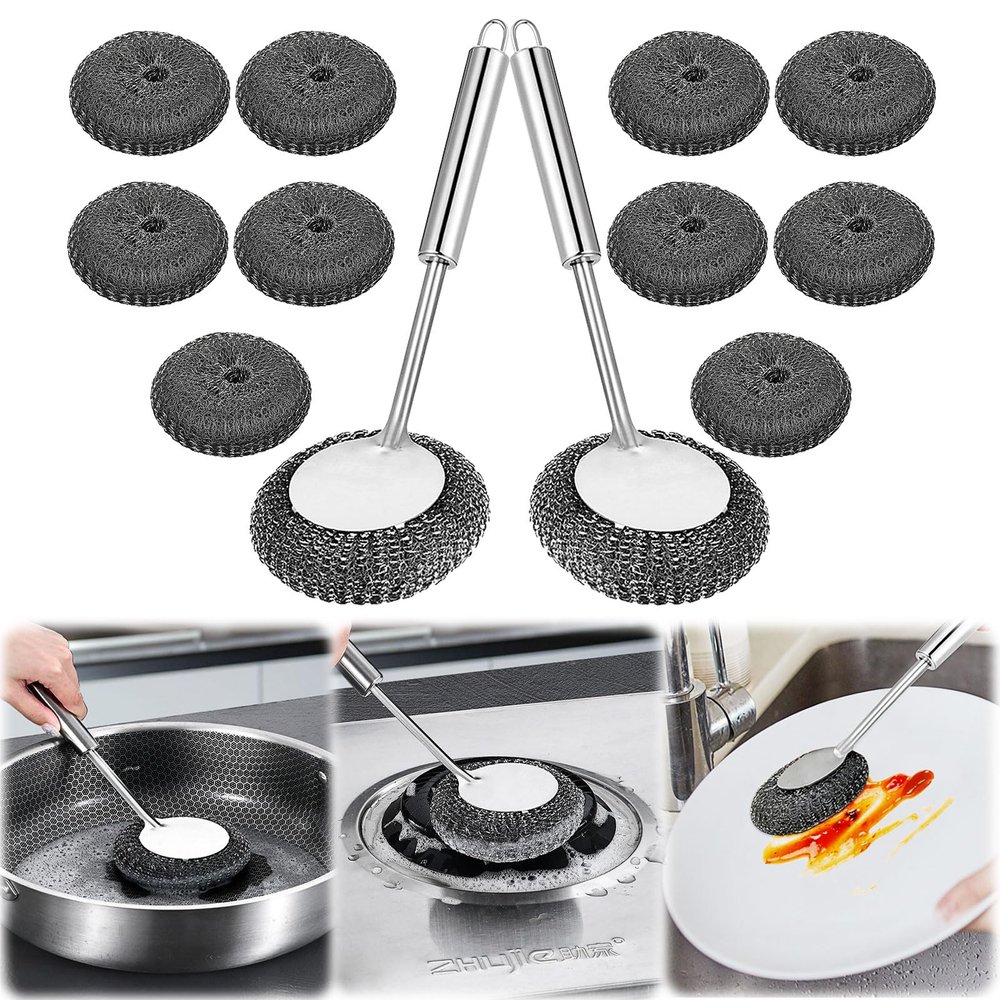 12pcs Steel Wire Scrubber with handle kit: stainless steel wire scrubber, dish brush with handle, metal dish scrubber for cleaning bowls, pots, pans, sinks
