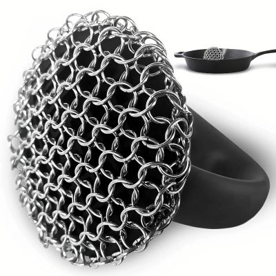 Cast Iron Scrubber 316L Chainmail Cleaner for Pans, Frying Pans & Grills, Ergonomic Handle &Large Panel for Cleaning Cast Iron