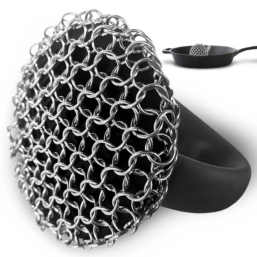 Cast Iron Scrubber 316L Chainmail Cleaner for Pans, Frying Pans & Grills, Ergonomic Handle &Large Panel for Cleaning Cast Iron