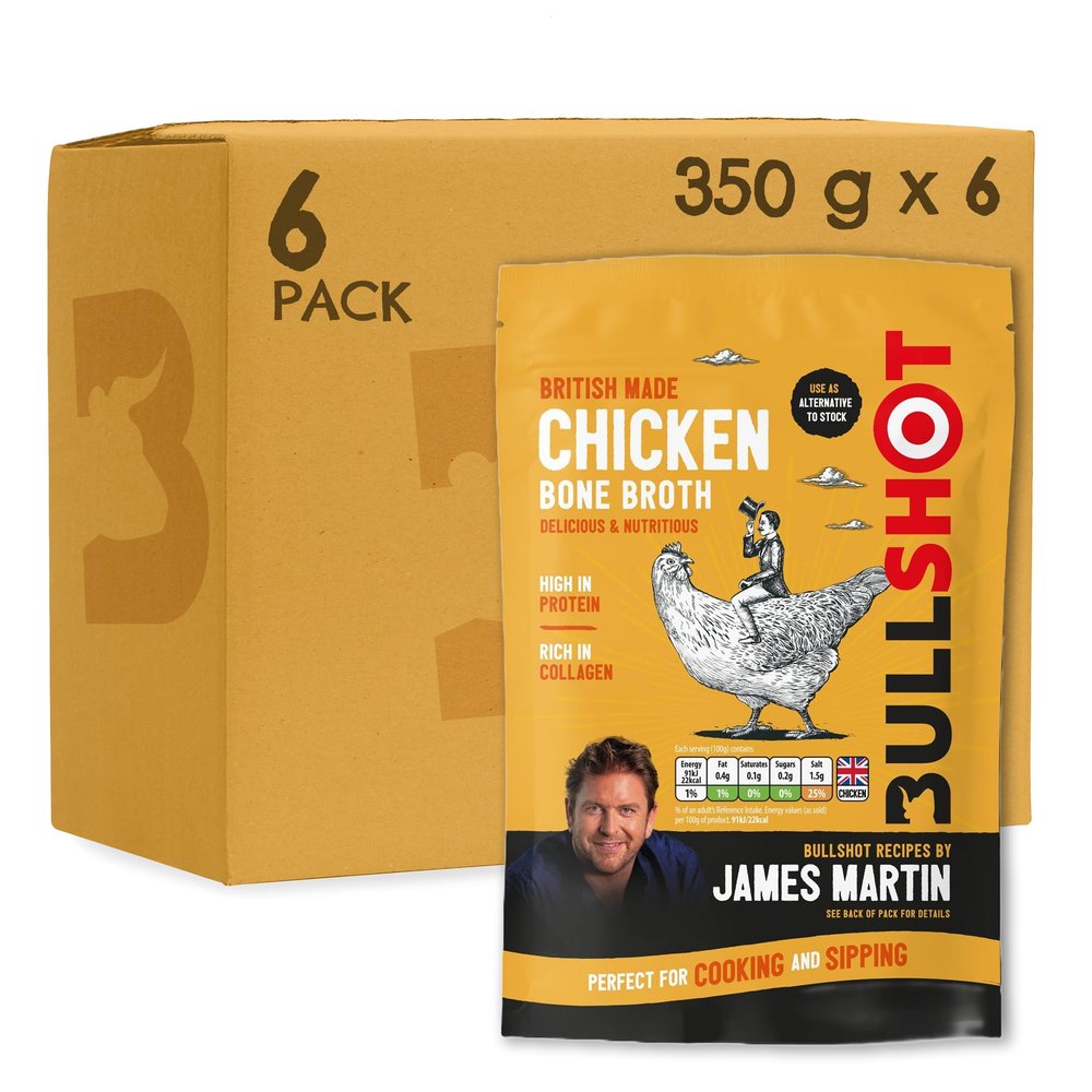 Bullshot Chicken Bone Broth Rich & Nutritious, Collagen-Rich Stock for Soup, Stews, Gravy & Sauces, Supports Joint & Skin Health, Ready-to-Drink, 350 ml (Pack of 6)