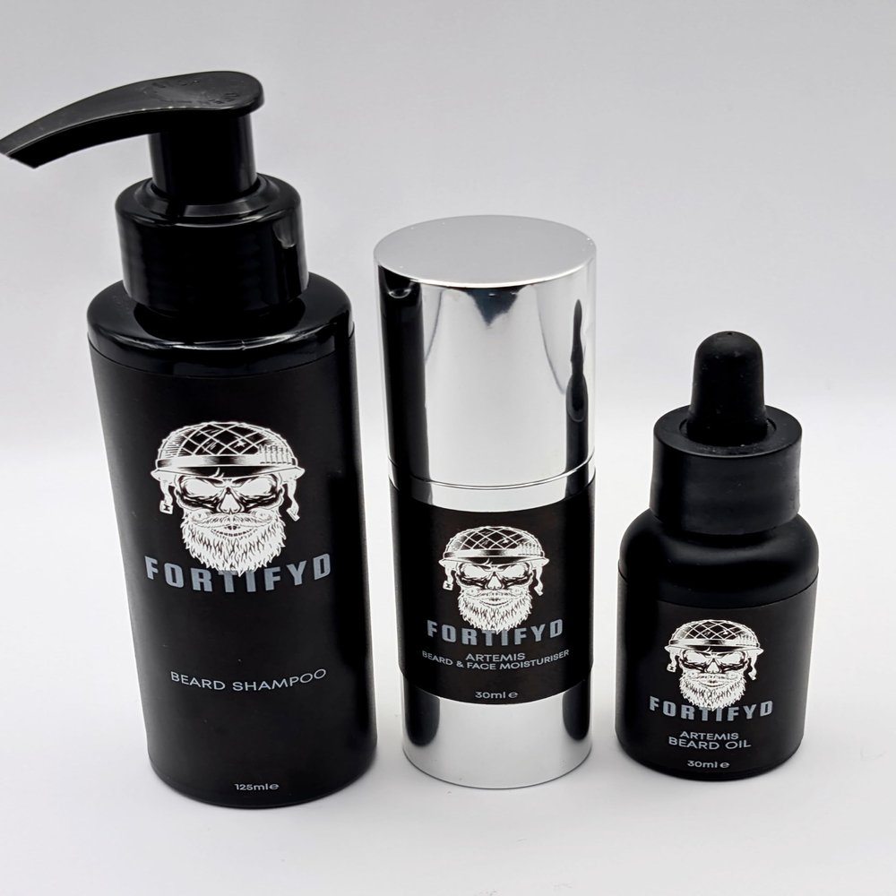 Fortifyd Men's Beard Care Set, 125ml Shampoo, 30ml Oil, 30ml Face Moisturiser, Black
