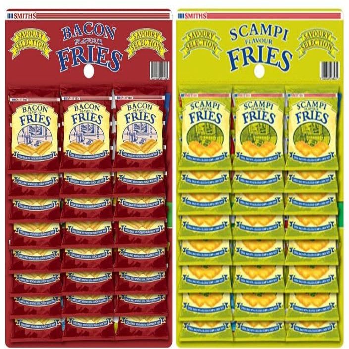 Bacon Fries 24 x 27g and Scampi Fries 24 x 27g Pub Card Bundle - British Snack Savory Snacks Party Snacks Lemon Flavour Crisps Veggie Friendly Selection
