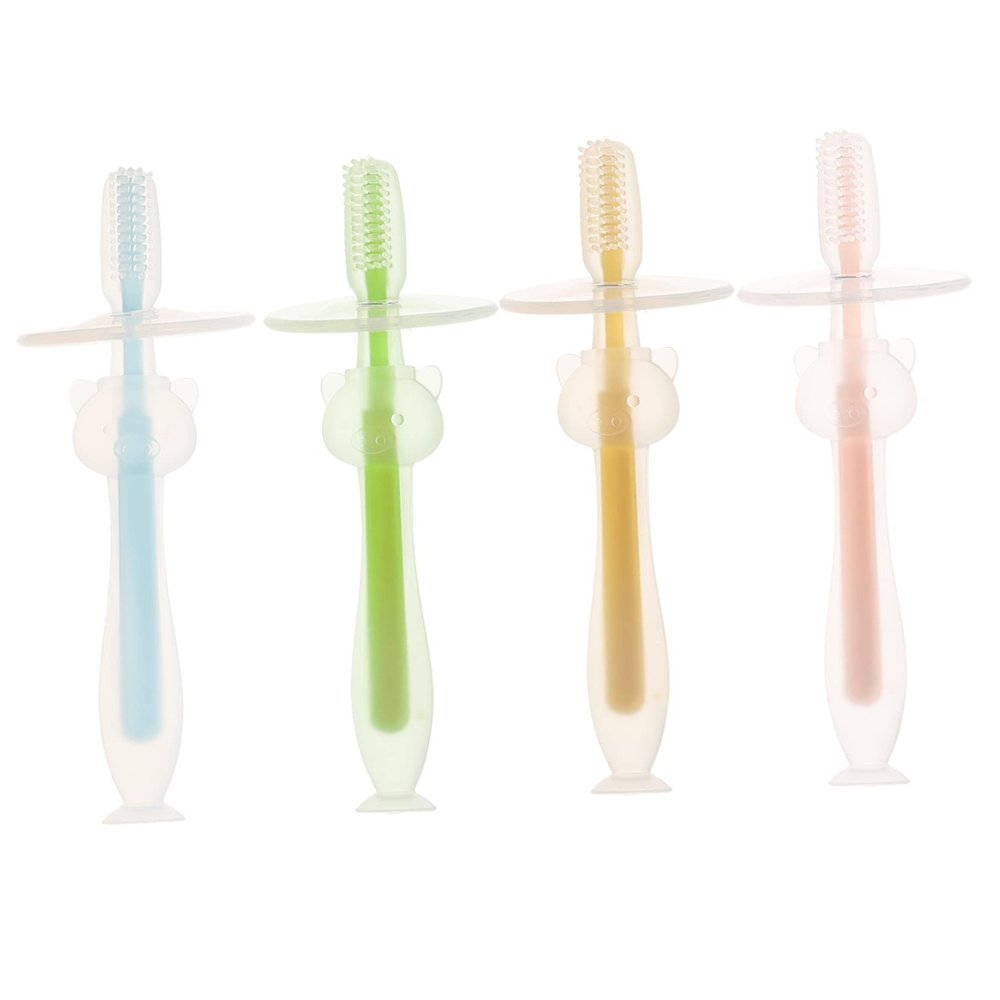 BELLIFFY Baby Toothbrush Infant Toothbrush 4pcs Silicone Soft Bristles Suction Base Standable Design Toddler Training Oral Care for 6 to 12 Months