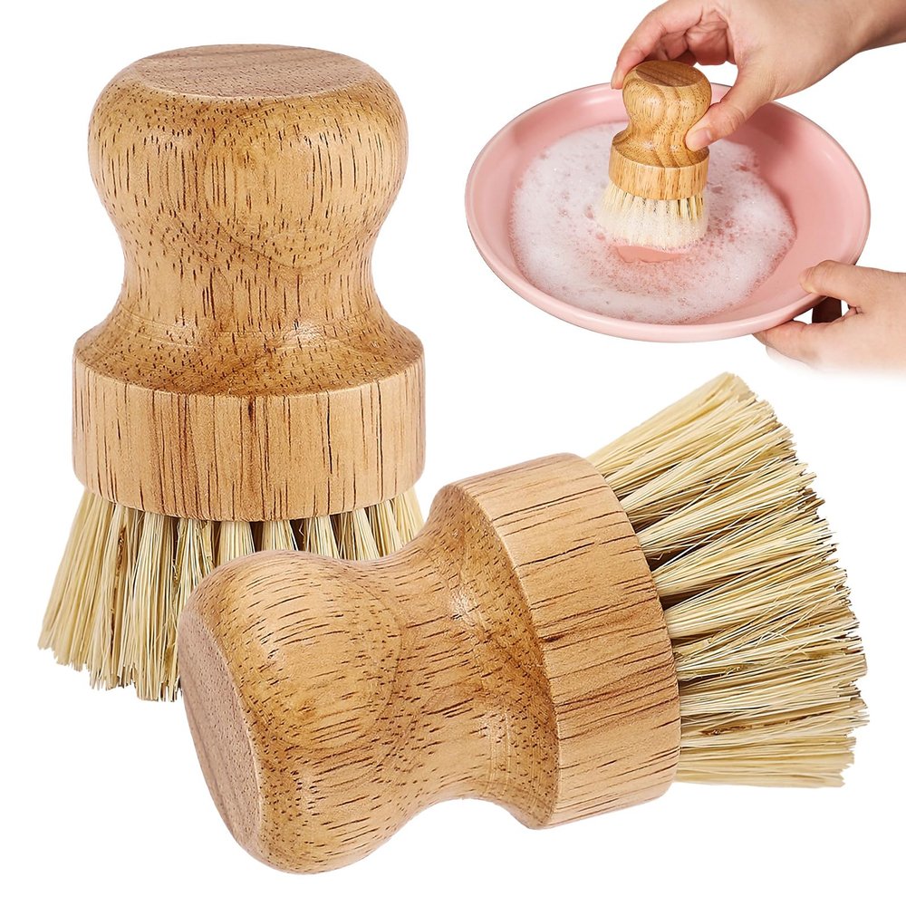 2er Pack Palm Pot Brush- Bamboo Round Mini Dish Brush Natural Scrub Brush Durable Scrubber Cleaning Kit with Union Fiber and Tampico Fiber for Cleaning Pots, Pans and Vegetables (B, L)