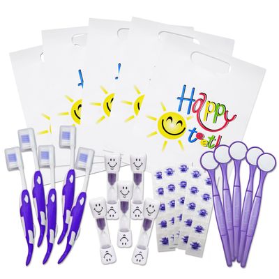 Happy Teeth Gift Bags x 10 ~ Kids Toothbrush, Timer, Disclosing Tablets & Mirror (Purple, Bulk)
