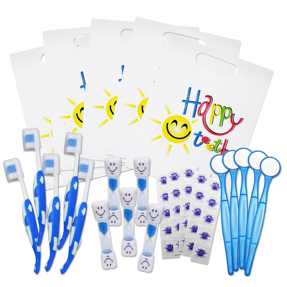 Happy Teeth Gift Bags x 10 ~ Kids Toothbrush, Timer, Disclosing Tablets & Mirror (Blue, Bulk)
