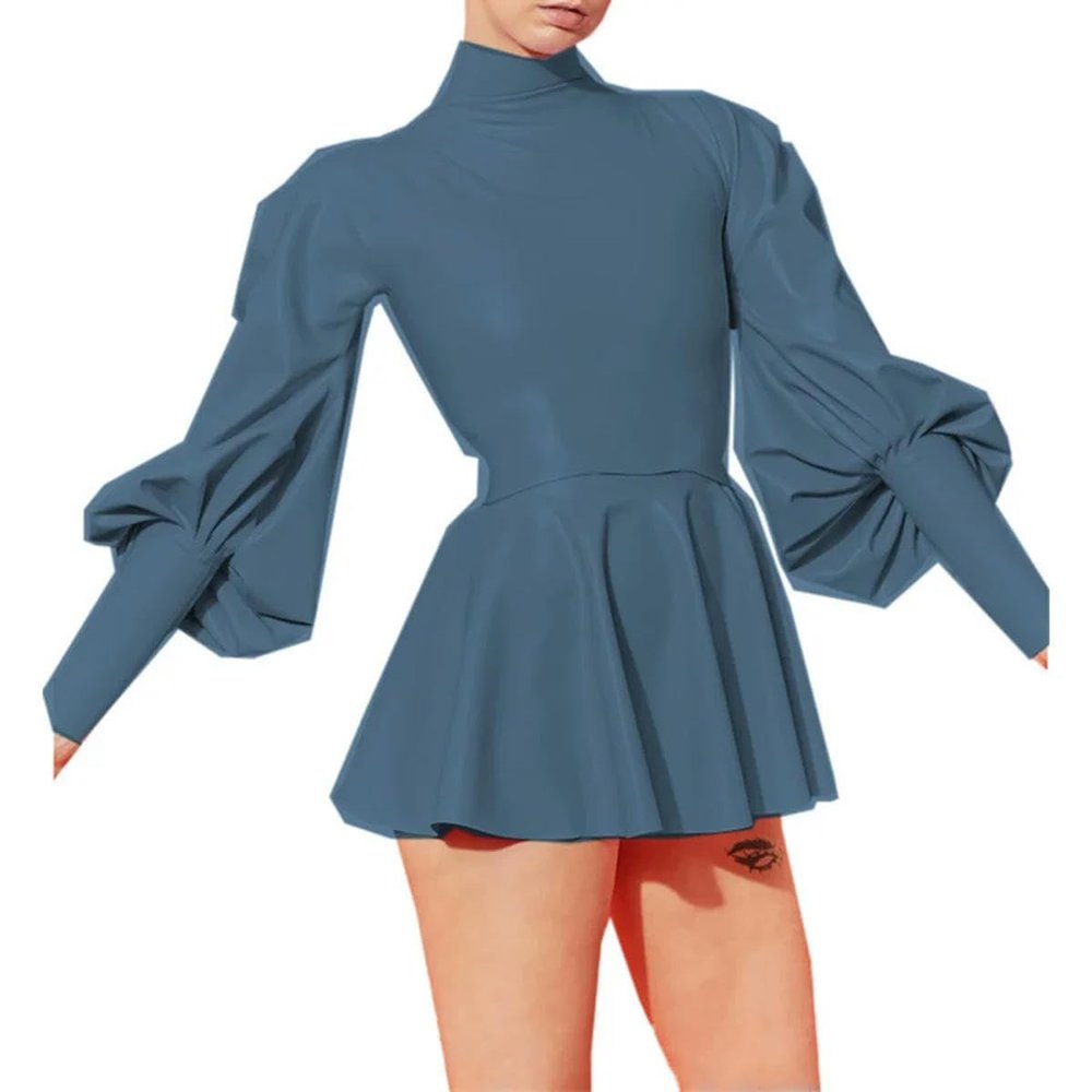 XINLIANYI Party Dress Vinyl PVC Leather Vintage A-line Dress Office Lady Mini Dress Blue Mist
