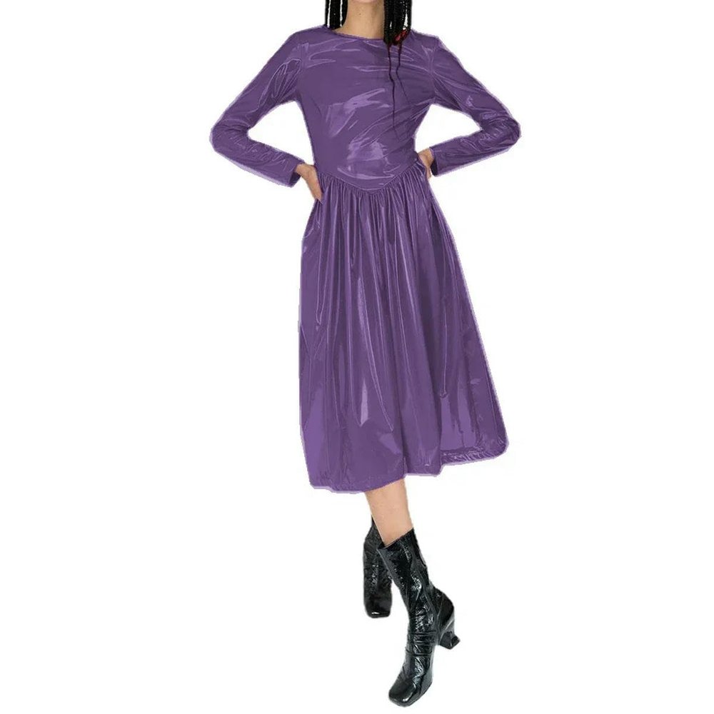 XINLIANYI Vinyl PVC Leather O Neck Long Sleeve Dress Office Lady Long Dress Evening Dress Custom Dark Purple