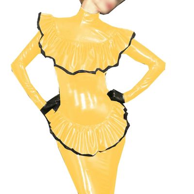 XINLIANYI PVC Leather Women Ruffled Package Hip Bare Chest Split Long Sleeve Tops Yellow
