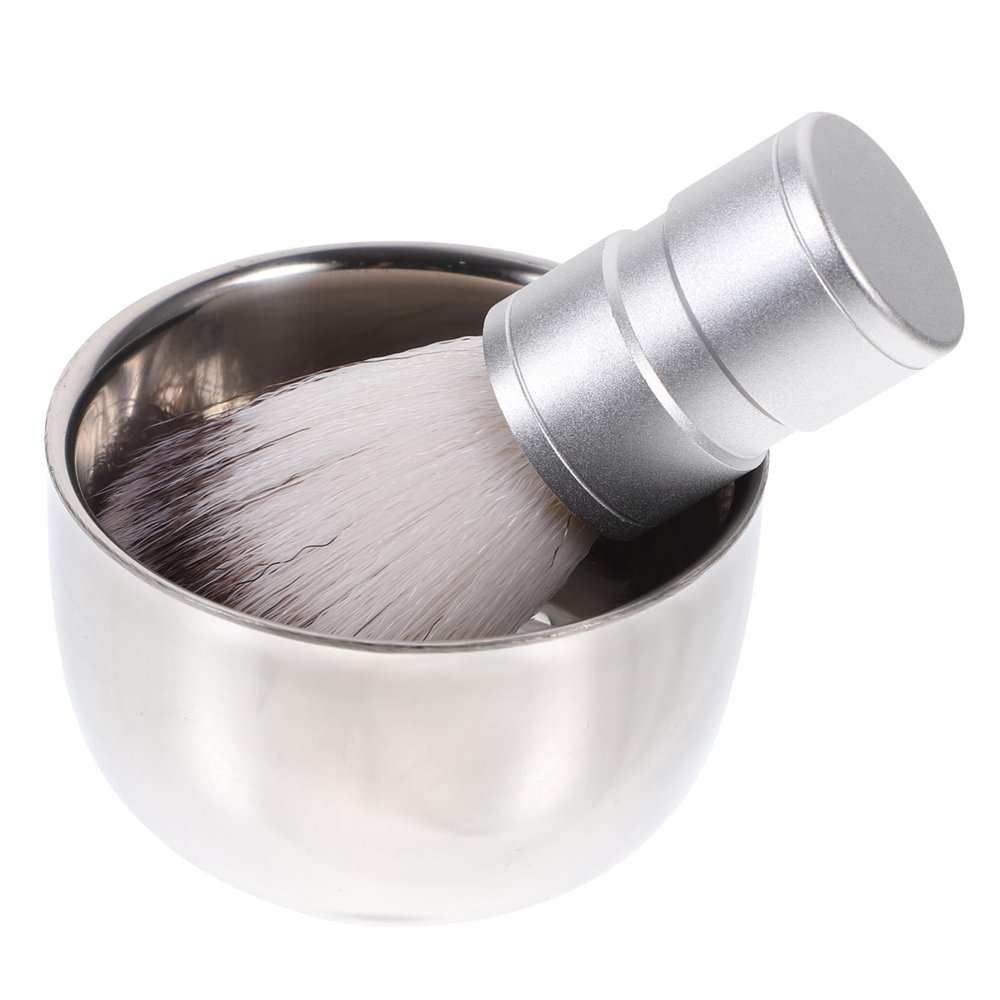 FOMIYES Hair Shaving Brush with Heat Insulation Nylon Stainless Steel Shaving Bowl Set Sturdy Aluminium Alloy Handle Random Color