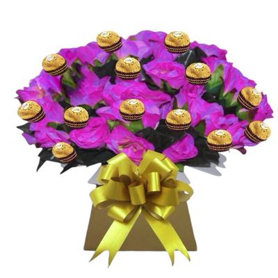 Chocolate Gifts Hamper Purple Flower Bouquet For Men and Women With Ferero Roche and Lindr lind Sweets Personalised Pink Gold Red Blue Sweets (Medium)