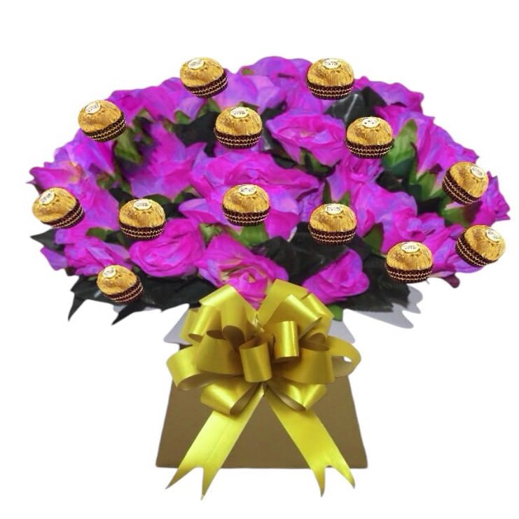 Chocolate Gifts Hamper Purple Flower Bouquet For Men and Women With Ferero Roche and Lindr lind Sweets Personalised Pink Gold Red Blue Sweets (Medium)