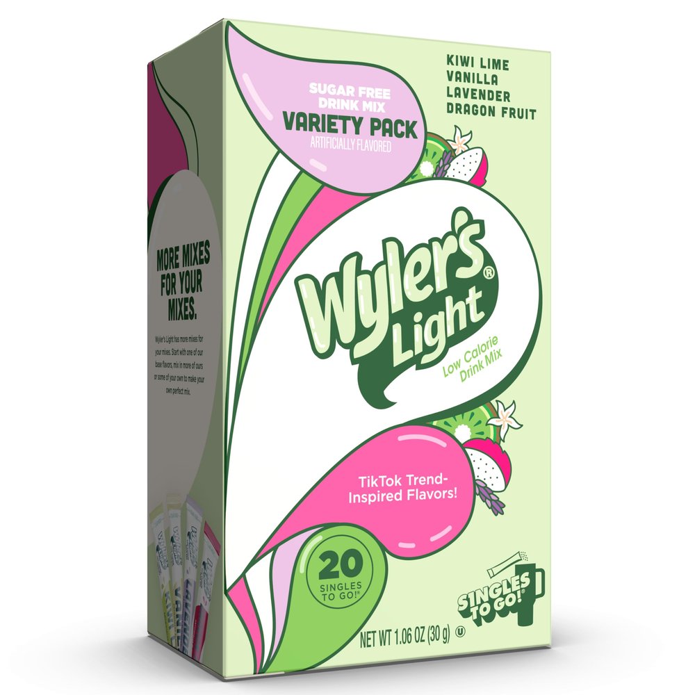 Wyler's Light Singles to Go Powder Packs, Water Drink Mix, Variety Pack, Watertok Basic Flavours, Kiwi Lime, Vanilla, Lavender and Dragon Fruit, Sugar and Caffeine Free, Travel 20
