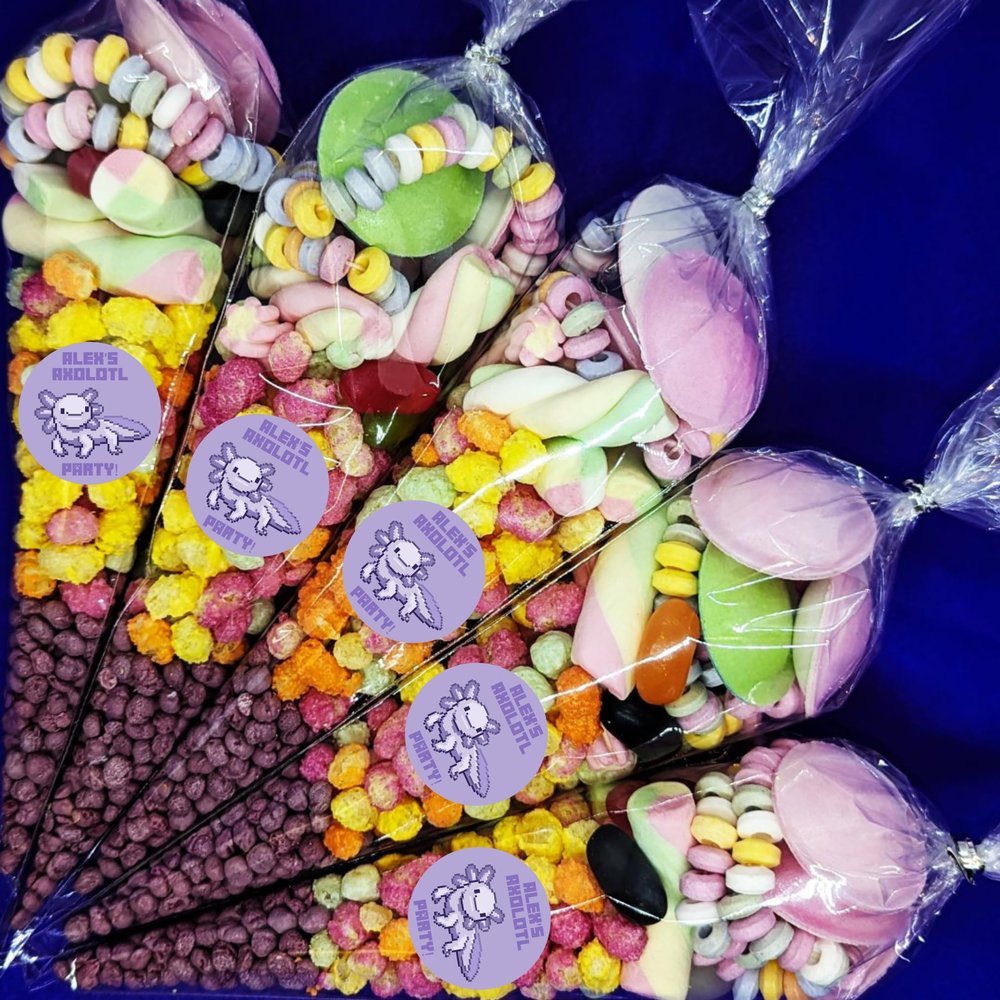Axolotl Themed pre filled Sweet Cones optional custom stickers by eventabox - video game gamer pixel block mine animal theme fun party favours