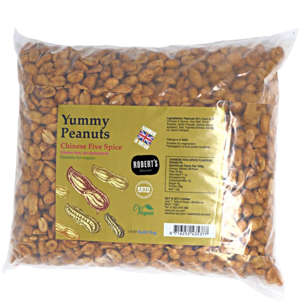 Yummy Peanut 1.5L / 1Kg Bag- Available in Multiple Flavours - Gluten & Free, Vegan, Low Carb, High Protein - Handmade in Britain with Family Recipe (Chinese 5 Spice)