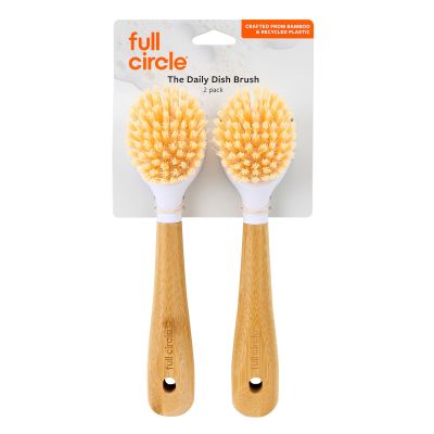 Full Circle Be Good Bamboo Dish Brushes Sustainable, Tough-Bristle scrubbers for Dishes, pots & Pans - Long Handle, Ideal for cast Iron, Pack of 2, White