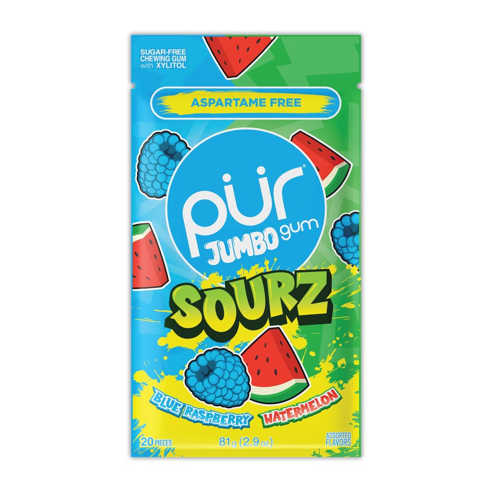 PUR Jumbo SOURZ Gum | Aspartame Free Chewing Gum | Made with Xylitol | Natural Flavour | Sour Blue Raspberry, Sour Watermelon, 20 Pieces (Pack of 1)