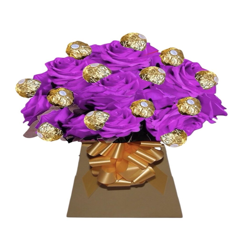 Chocolate and Roses Gifts Hamper Flower Bouquet For Women Men With Ferero Rocheir and Lindr lind Sweets Personalised Pink Purple Gold Red Blue Sweets Candy Presents (Medium)