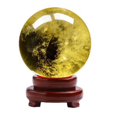 HHCTEBEC Feng Shui Natural Citrine Crystal Sphere Ball with Wooden Stand Yellow Quartz Crystal Ball Sphere,Meditation Scrying Ball for Home Table Decorative Balls,50mm