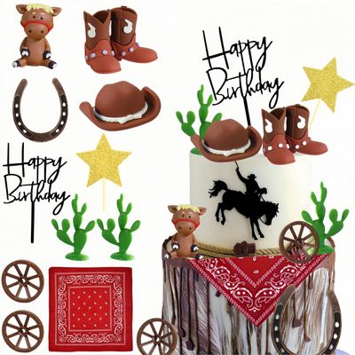 12 PCS Cowboy Cake Toppers, Western Cowboy Boot Hat Horse Cake Decorations for Western Cowboy Theme Baby Shower Birthday Party Supplies