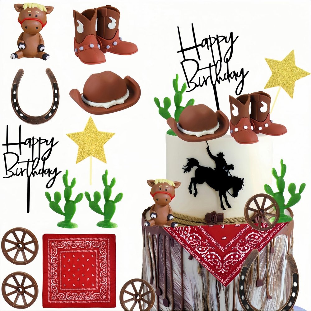 12 PCS Cowboy Cake Toppers, Western Cowboy Boot Hat Horse Cake Decorations for Western Cowboy Theme Baby Shower Birthday Party Supplies