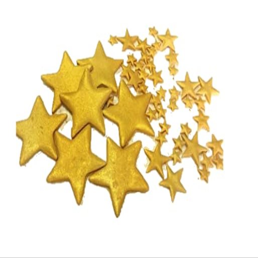 120 Beautiful Edible Sugar Fondant Stars; Small to XLarge; Lustre Gold; Birthday, Bridal, Baby Shower, Wedding, Christmas Cake Cupcake Topper Decorations (Mixed Sizes x 100 (2.5cm, 1.8cm & 1cm))
