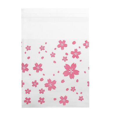 100PCS Self Adhesive Cookie Bags Resealable, Plastic Self Adhesive Wrappers Resealable Favors Candy Bag Clear Individual Treat Bags for Packaging Cookies, Candy and Products (sakura 7 * 7CM)