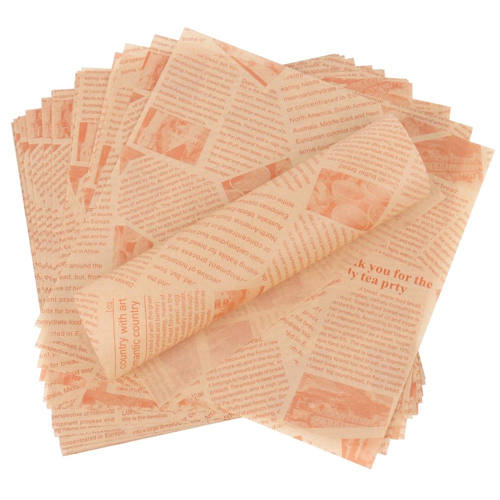 100 Sheets Deli Paper Sheets, 25 x 25 cm, Hamburger Paper, Wrapping Paper, Greaseproof, Baking Paper, Vintage, Disposable Wrap Paper for Sandwiches, Chips, Burgers, Fried Chicken and Pizza