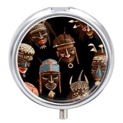 African Ritual Ethnic Tribal Pill Box Medicine Pill Organizer 3 Compartment Daily Pill Case Small Pill Container Round Pill Holder Travel Pill Box Metal Pill Case for Purse Pocket