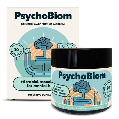 PsychoBiom Probiotic Supplement, 20 Billion CFU, 30 Vegan Capsules, Live Bacterial Cultures for Gut Health, with Lactobacillus & Bifidobacterium Strains, Daily Gut-Brain Axis Support, Non-GMO