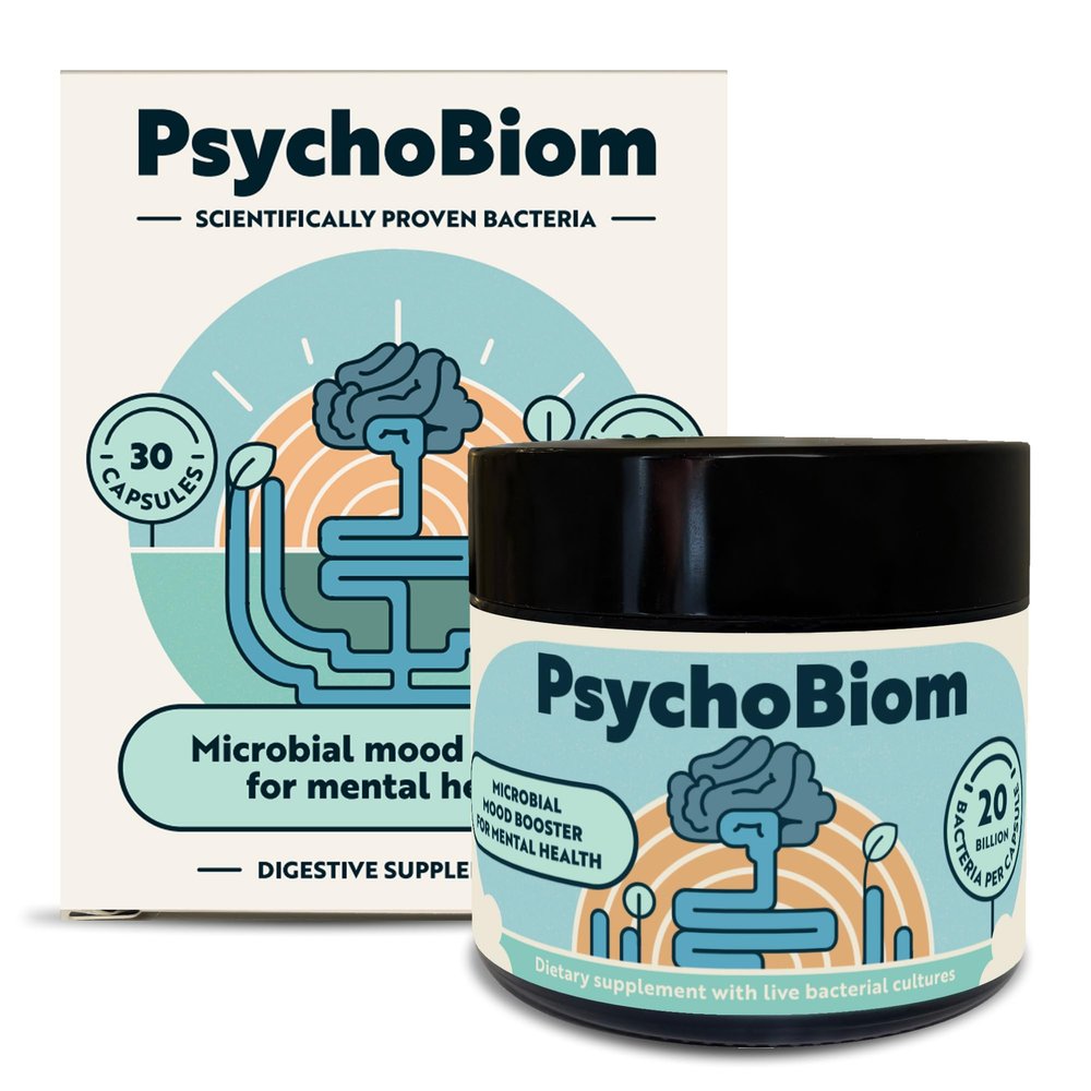 PsychoBiom Probiotic Supplement, 20 Billion CFU, 30 Vegan Capsules, Live Bacterial Cultures for Gut Health, with Lactobacillus & Bifidobacterium Strains, Daily Gut-Brain Axis Support, Non-GMO