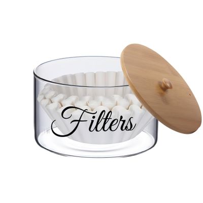 Klmnop Coffee Filter Holder, Glass Coffee Filter Storage Container with Bamboo Lid, Rustic Farmhouse Coffee Filter Holder for Counter, Coffee Bar Accessories Decor(Clear)